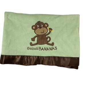 CARTER'S Monkey Going Bananas Brown Satin Trim 30 x 40 Green Baby Blanket Lovey